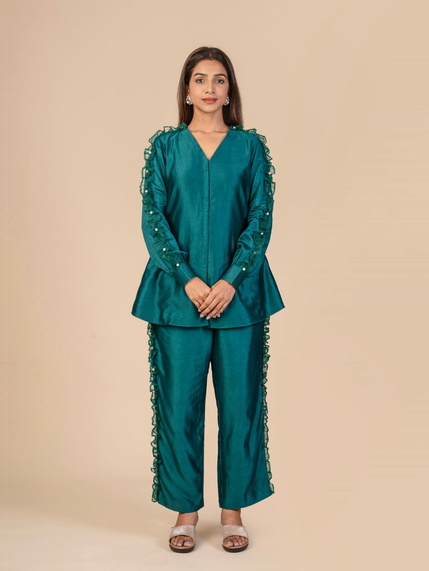 A-Line Long Shirt and Straight Pants with Organza Ruffle & PearlEmbellishment Co-ord Set