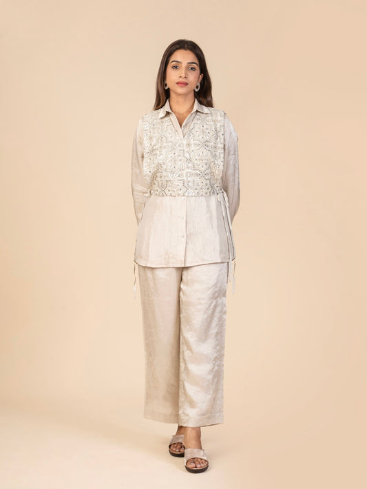 Silver Co-ord Set with Full-Sleeve Shirt, Wide-Legged Pants, and Embroidered Sleeveless Overlay