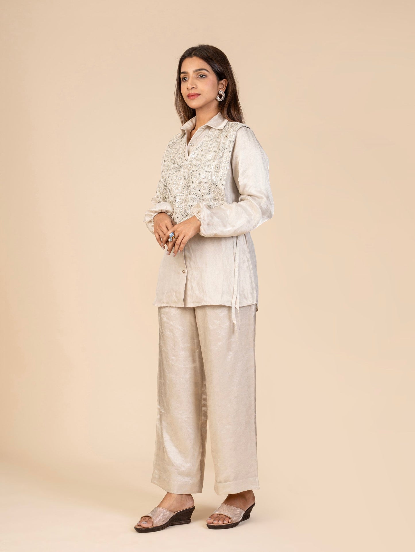 Silver Co-ord Set with Full-Sleeve Shirt, Wide-Legged Pants, and Embroidered Sleeveless Overlay