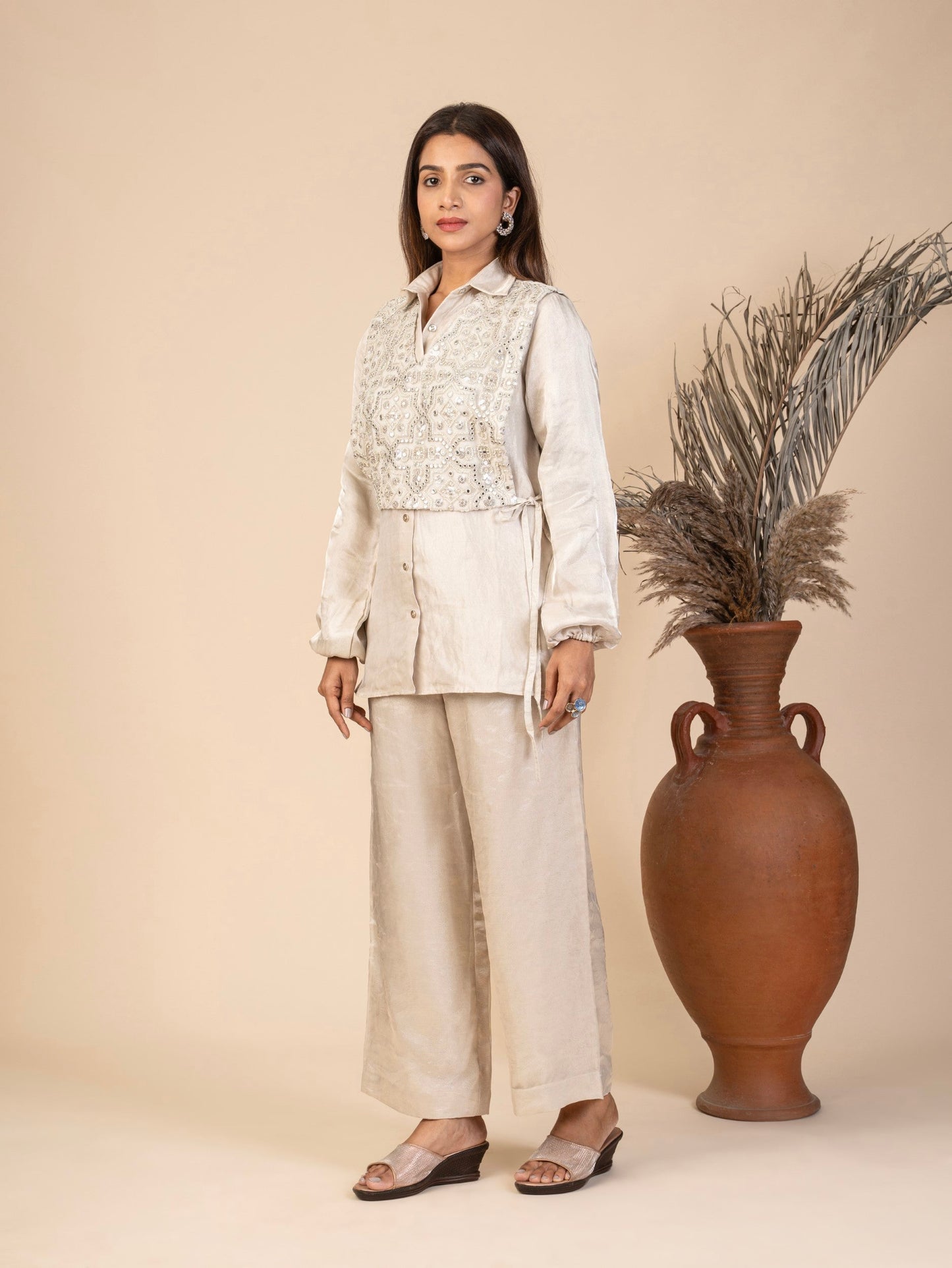 Silver Co-ord Set with Full-Sleeve Shirt, Wide-Legged Pants, and Embroidered Sleeveless Overlay