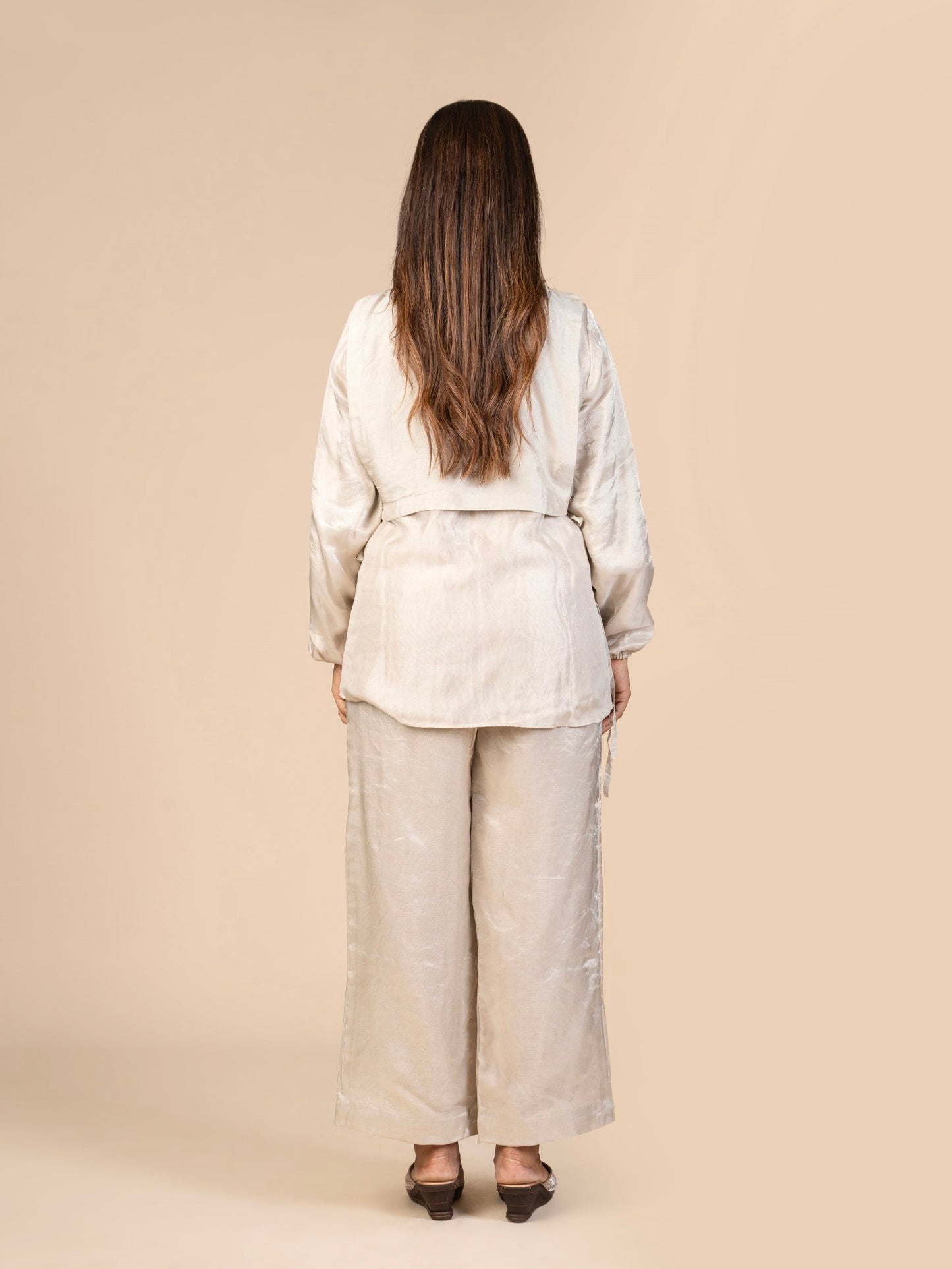 Silver Co-ord Set with Full-Sleeve Shirt, Wide-Legged Pants, and Embroidered Sleeveless Overlay