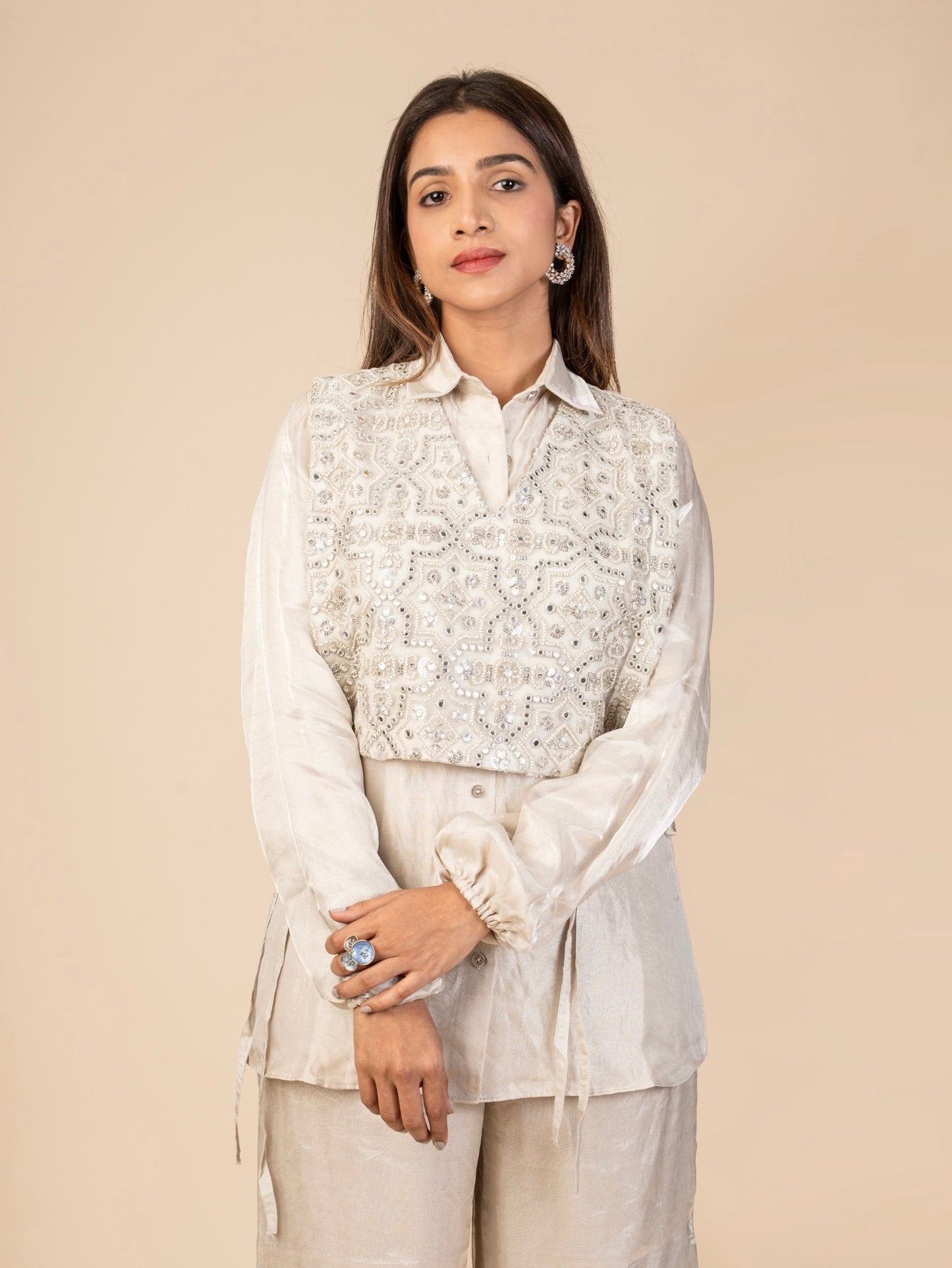 Silver Co-ord Set with Full-Sleeve Shirt, Wide-Legged Pants, and Embroidered Sleeveless Overlay