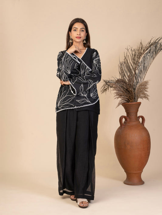 Overlap Top with Bell Sleeves and Cotton Loop Lace, Paired with Wide-Leg Pleated Pants Co-ord Set
