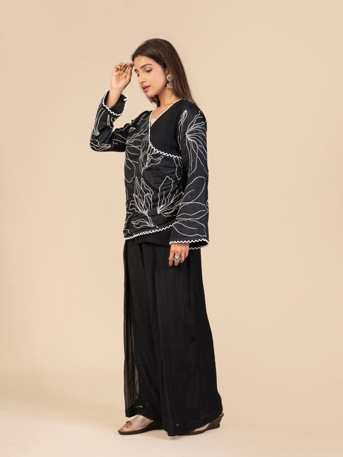 Overlap Top with Bell Sleeves and Cotton Loop Lace, Paired with Wide-Leg Pleated Pants Co-ord Set