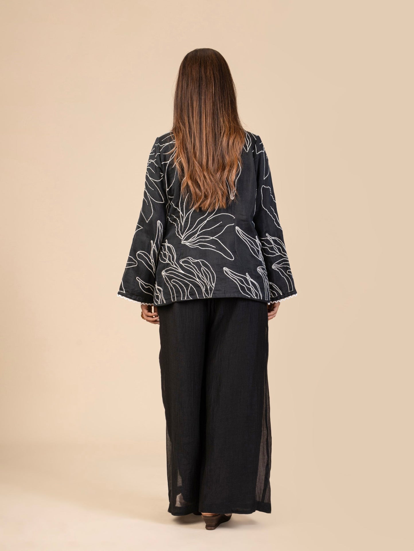 Overlap Top with Bell Sleeves and Cotton Loop Lace, Paired with Wide-Leg Pleated Pants Co-ord Set
