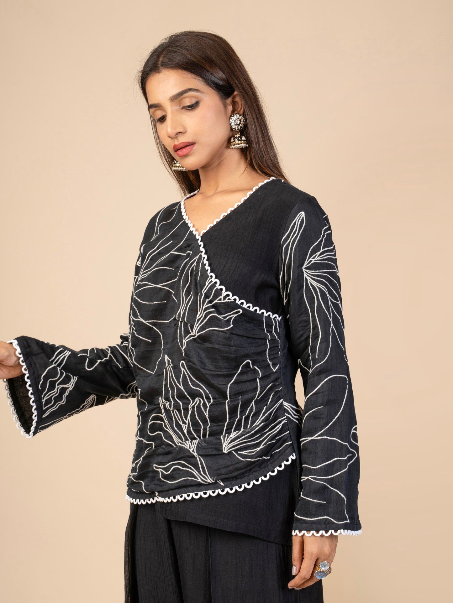 Overlap Top with Bell Sleeves and Cotton Loop Lace, Paired with Wide-Leg Pleated Pants Co-ord Set