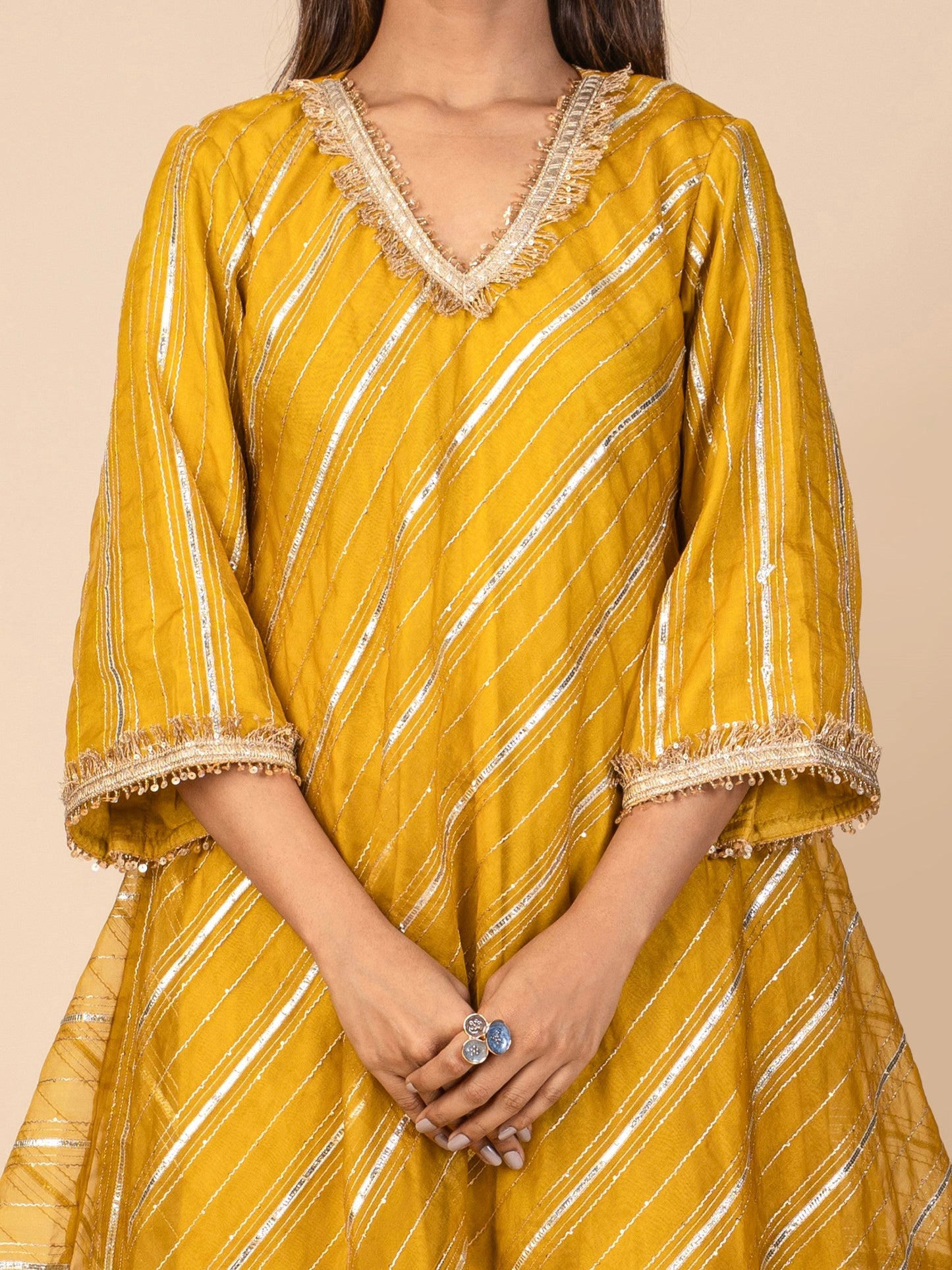 Flared A-Line Kurta with Handkerchief Hem and Asymmetrical Sharara