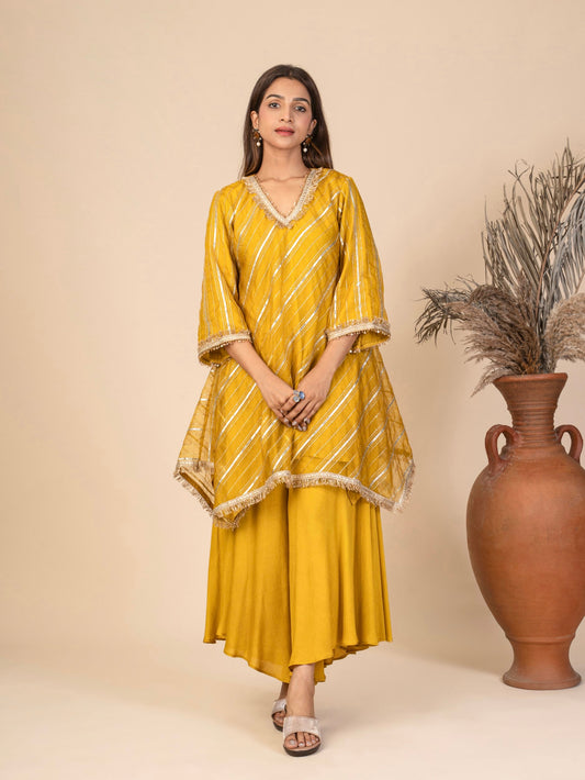 Flared A-Line Kurta with Handkerchief Hem and Asymmetrical Sharara