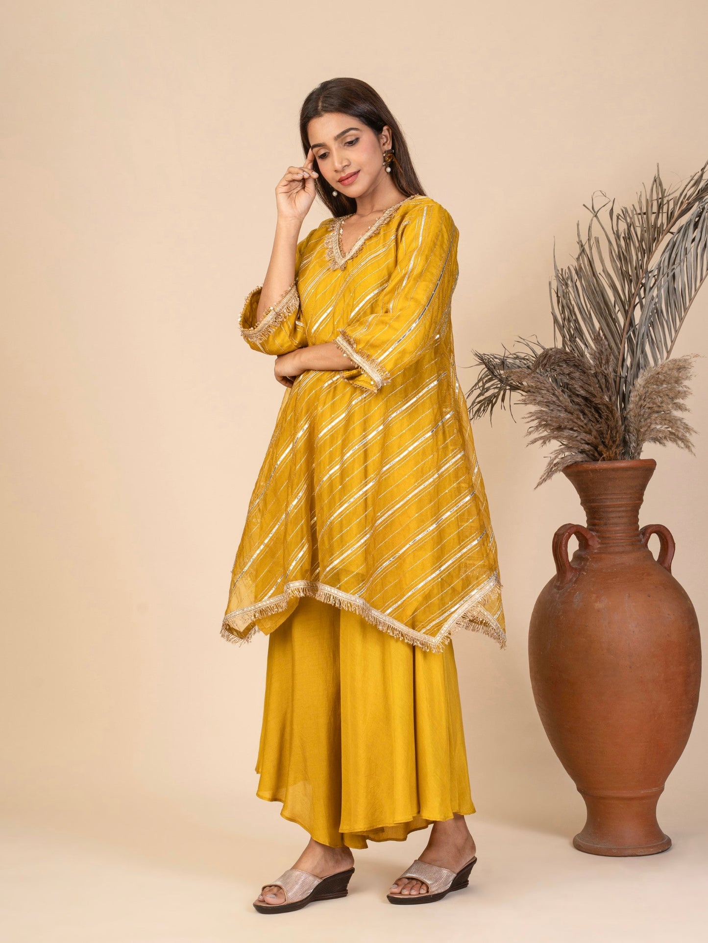 Flared A-Line Kurta with Handkerchief Hem and Asymmetrical Sharara