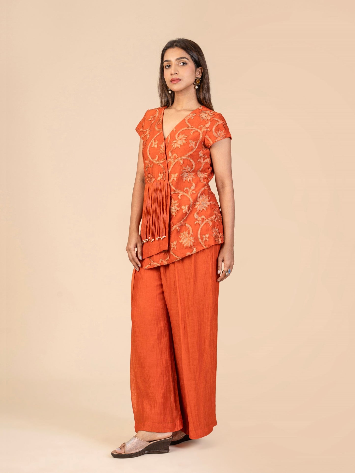 A Cap-Sleeve Overlap Top with Floral Applique and Wide-Leg Pants Co-ord Set