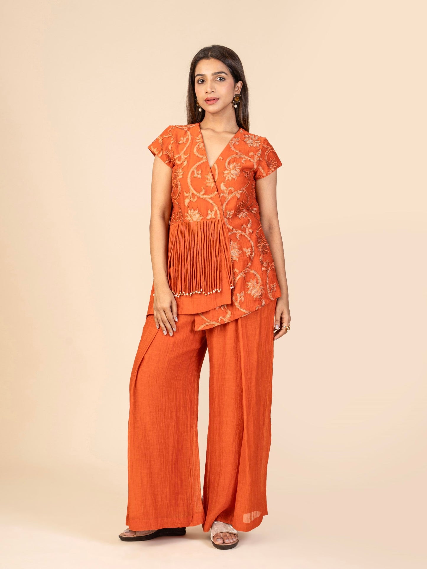 A Cap-Sleeve Overlap Top with Floral Applique and Wide-Leg Pants Co-ord Set