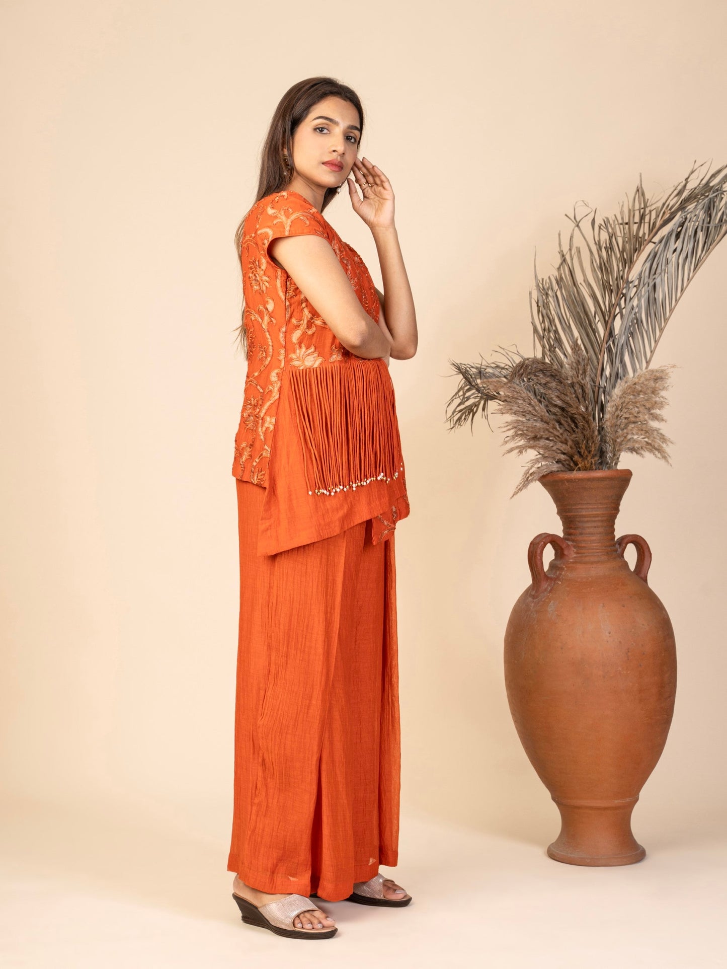 A Cap-Sleeve Overlap Top with Floral Applique and Wide-Leg Pants Co-ord Set