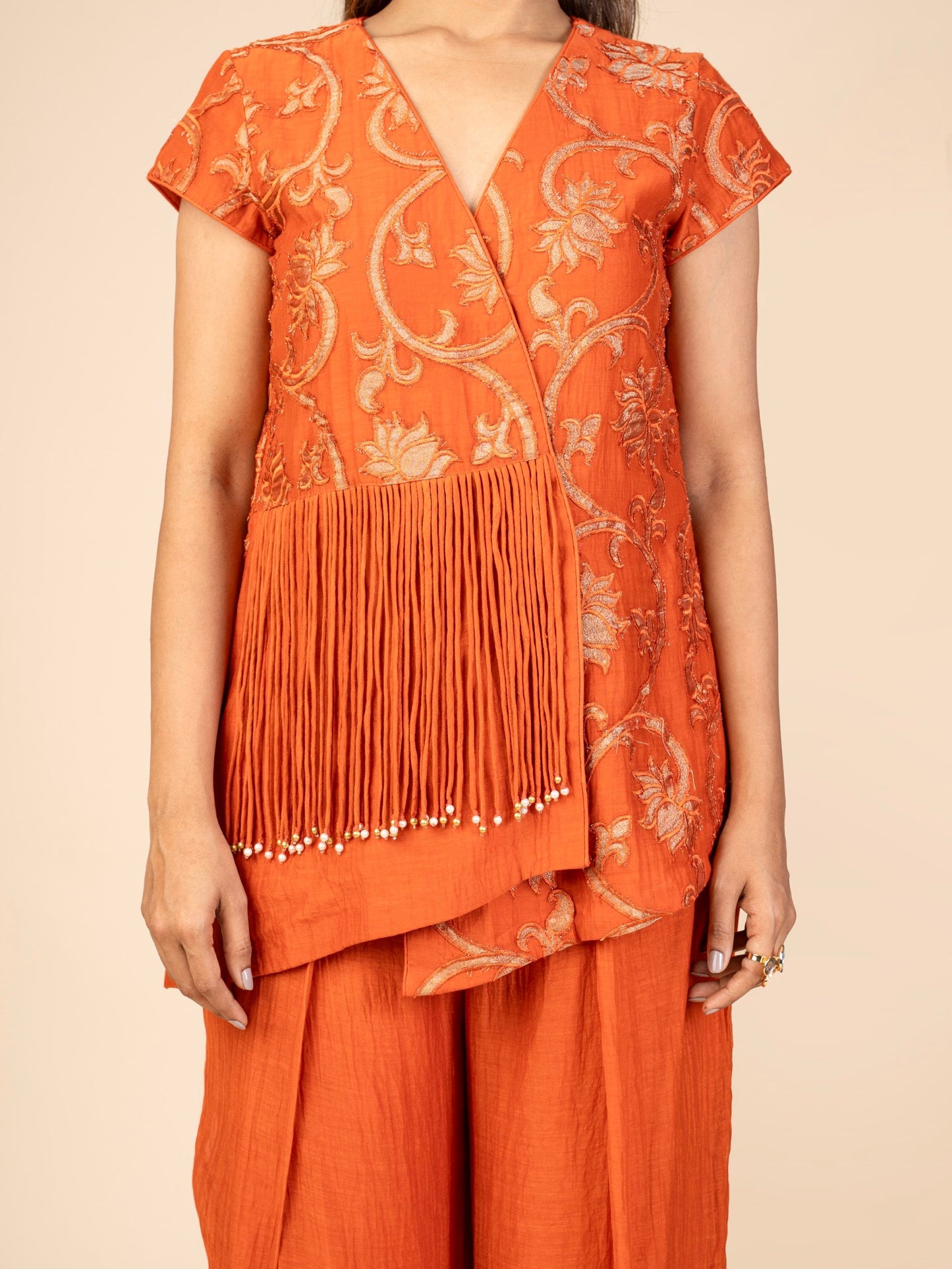 A Cap-Sleeve Overlap Top with Floral Applique and Wide-Leg Pants Co-ord Set