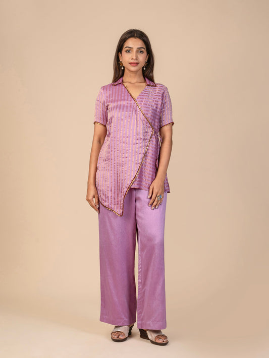 Short-Sleeve Wrap Top with Collared Neckline and Straight Pants Co-ord Set