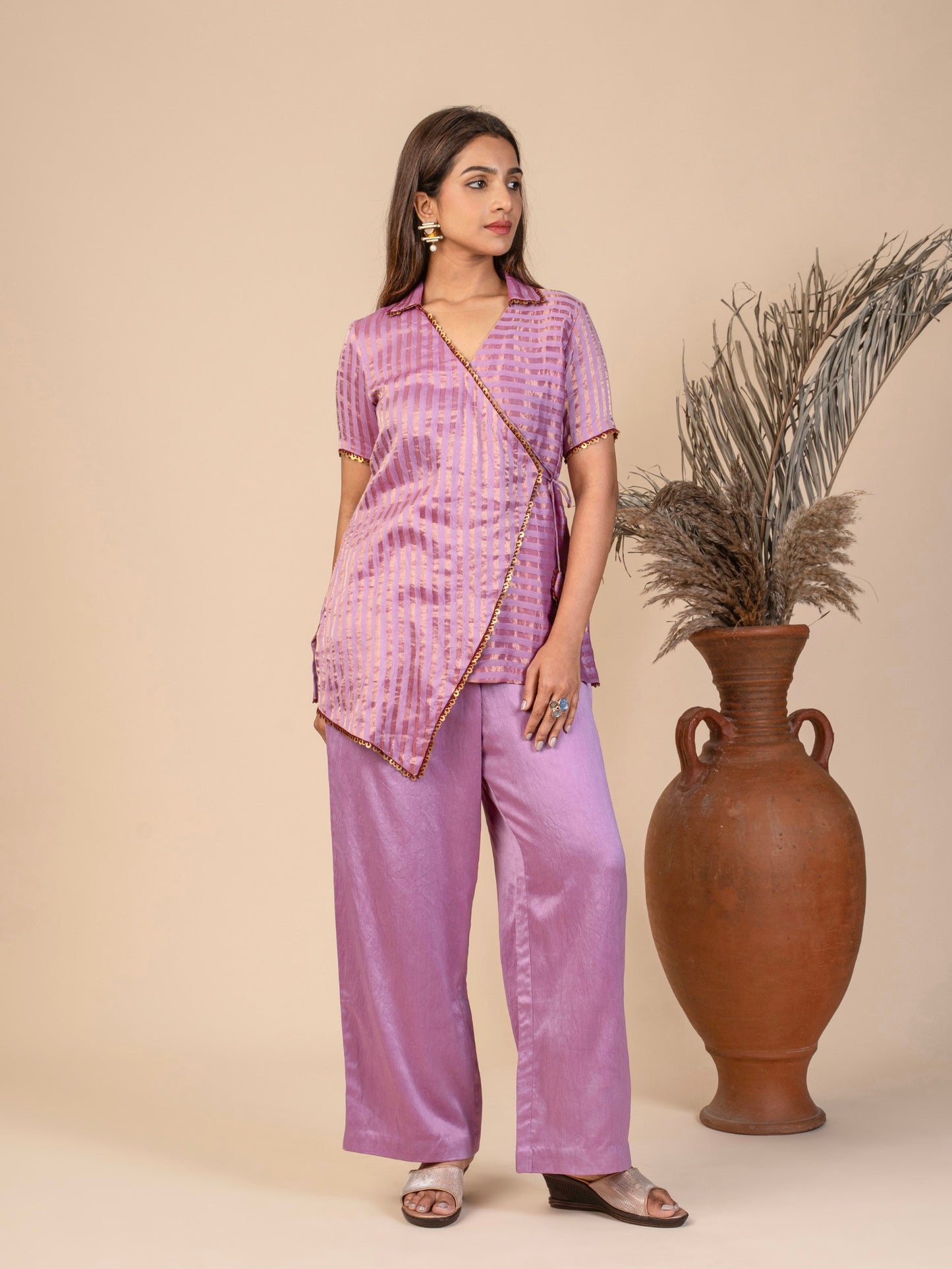 Short-Sleeve Wrap Top with Collared Neckline and Straight Pants Co-ord Set