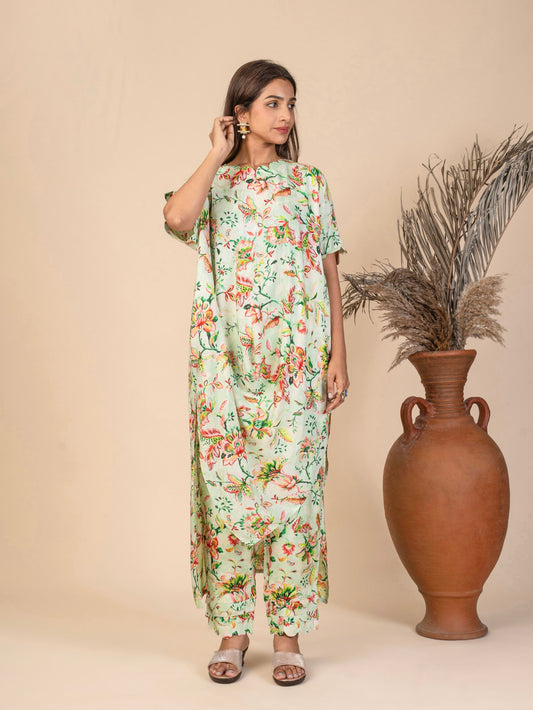 Floral Kimono Cowl Kurta with Tassel Belt and Straight Trousers Co-ord Set