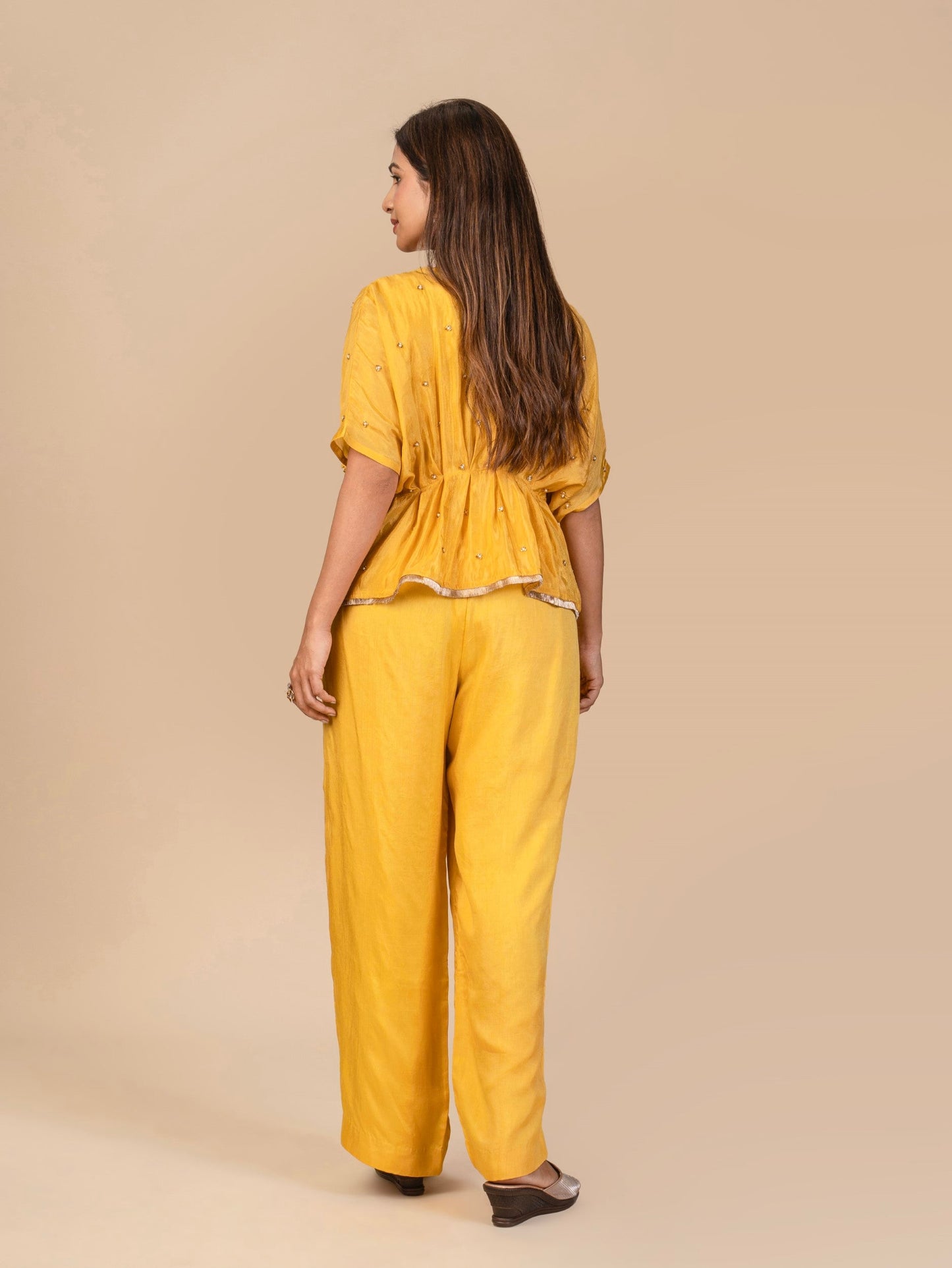Pleated Kaftan Top with Gota & Fringe Lace and Straight-Leg Pants Co-ord Set