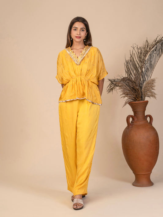 Pleated Kaftan Top with Gota & Fringe Lace and Straight-Leg Pants Co-ord Set