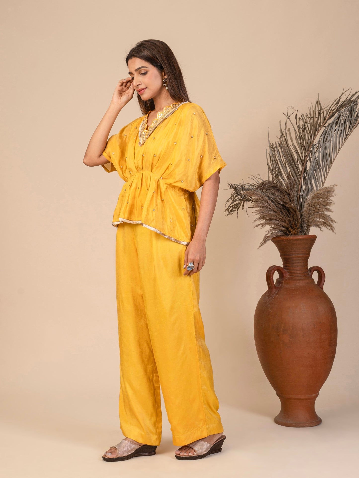 Pleated Kaftan Top with Gota & Fringe Lace and Straight-Leg Pants Co-ord Set