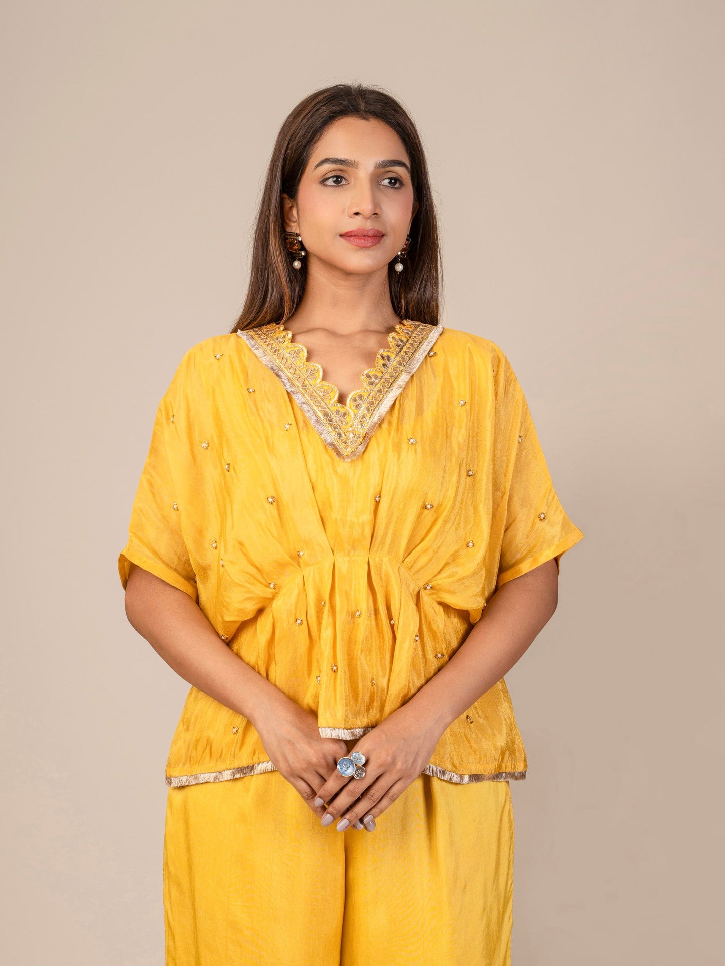 Pleated Kaftan Top with Gota & Fringe Lace and Straight-Leg Pants Co-ord Set