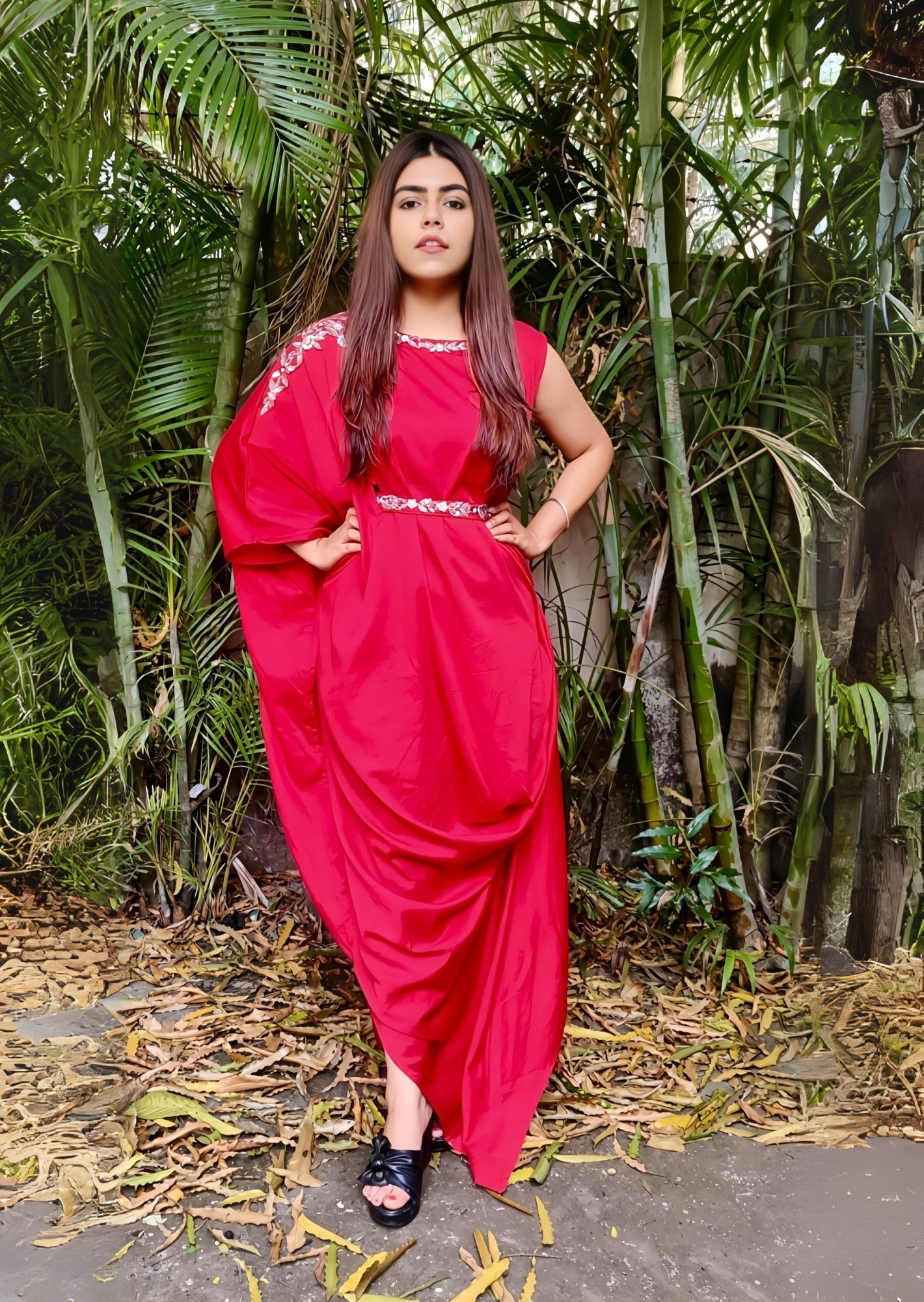 One-Shoulder Draped Gown with Embellished Waist and shoulder