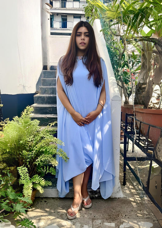 Calf-Length Draped Tunic Dress with Hand-Embroidered Neckline