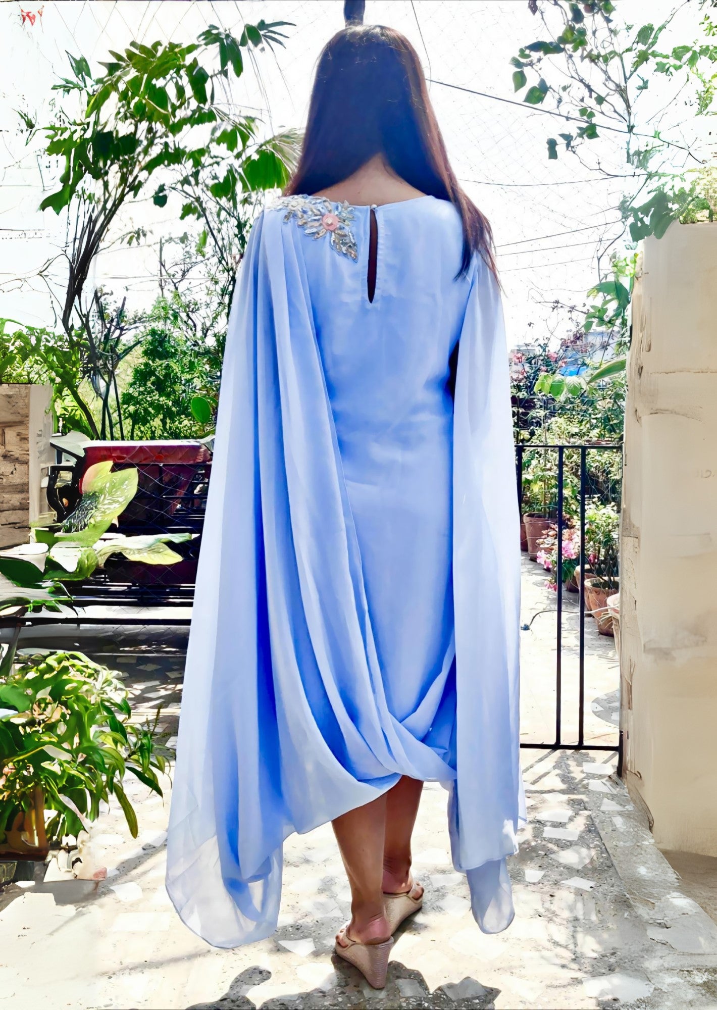 Calf-Length Draped Tunic Dress with Hand-Embroidered Neckline