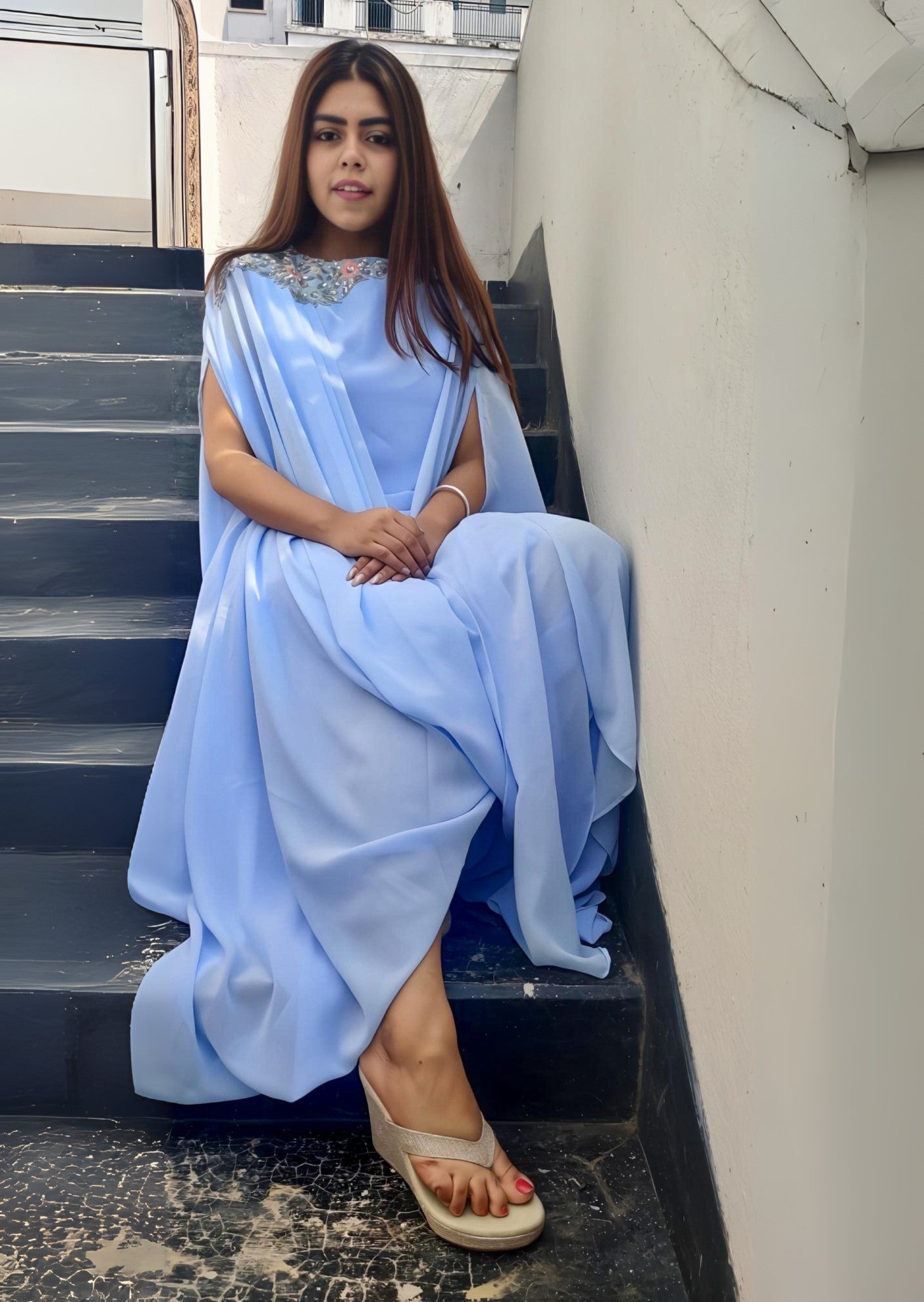 Calf-Length Draped Tunic Dress with Hand-Embroidered Neckline