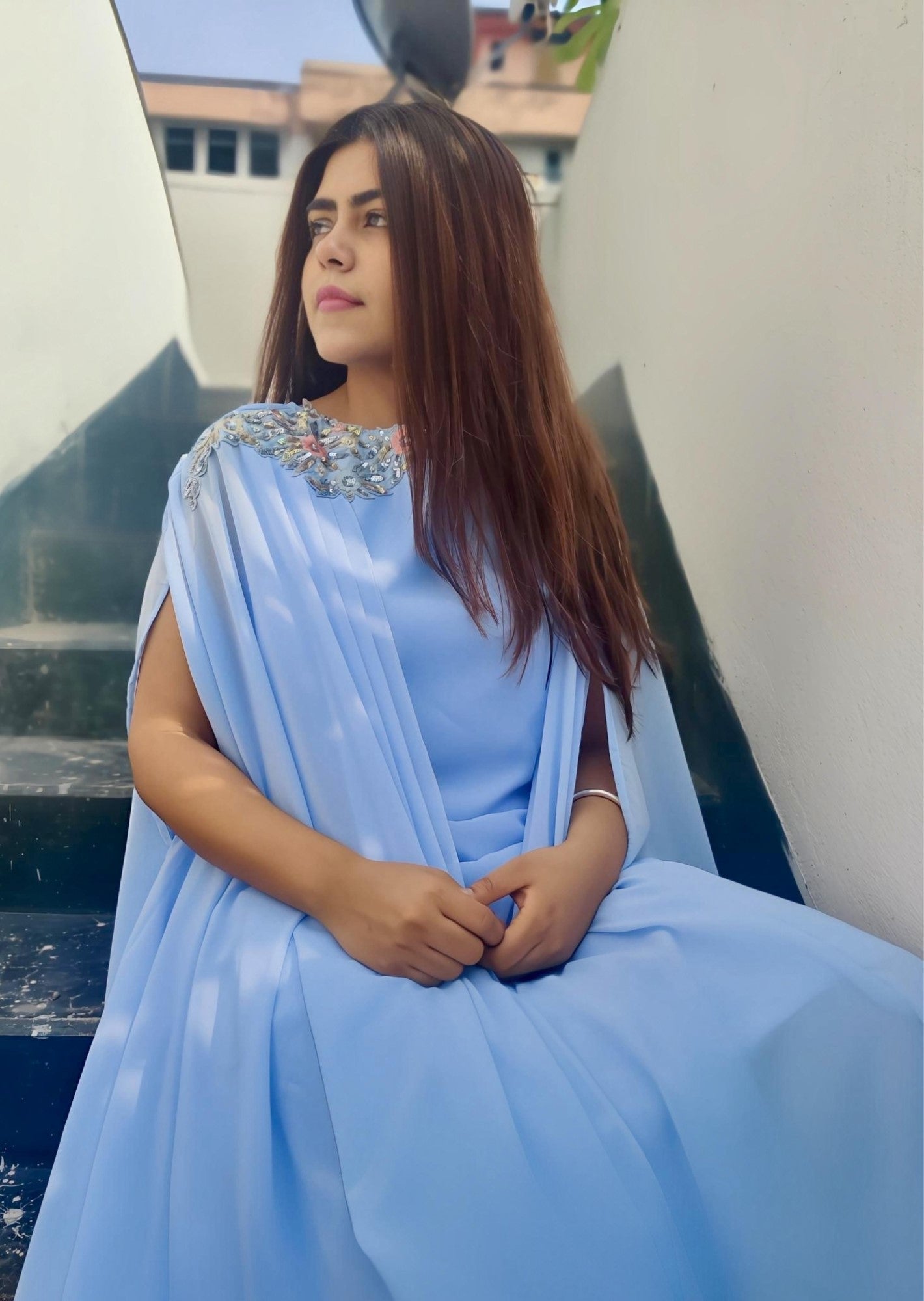 Calf-Length Draped Tunic Dress with Hand-Embroidered Neckline