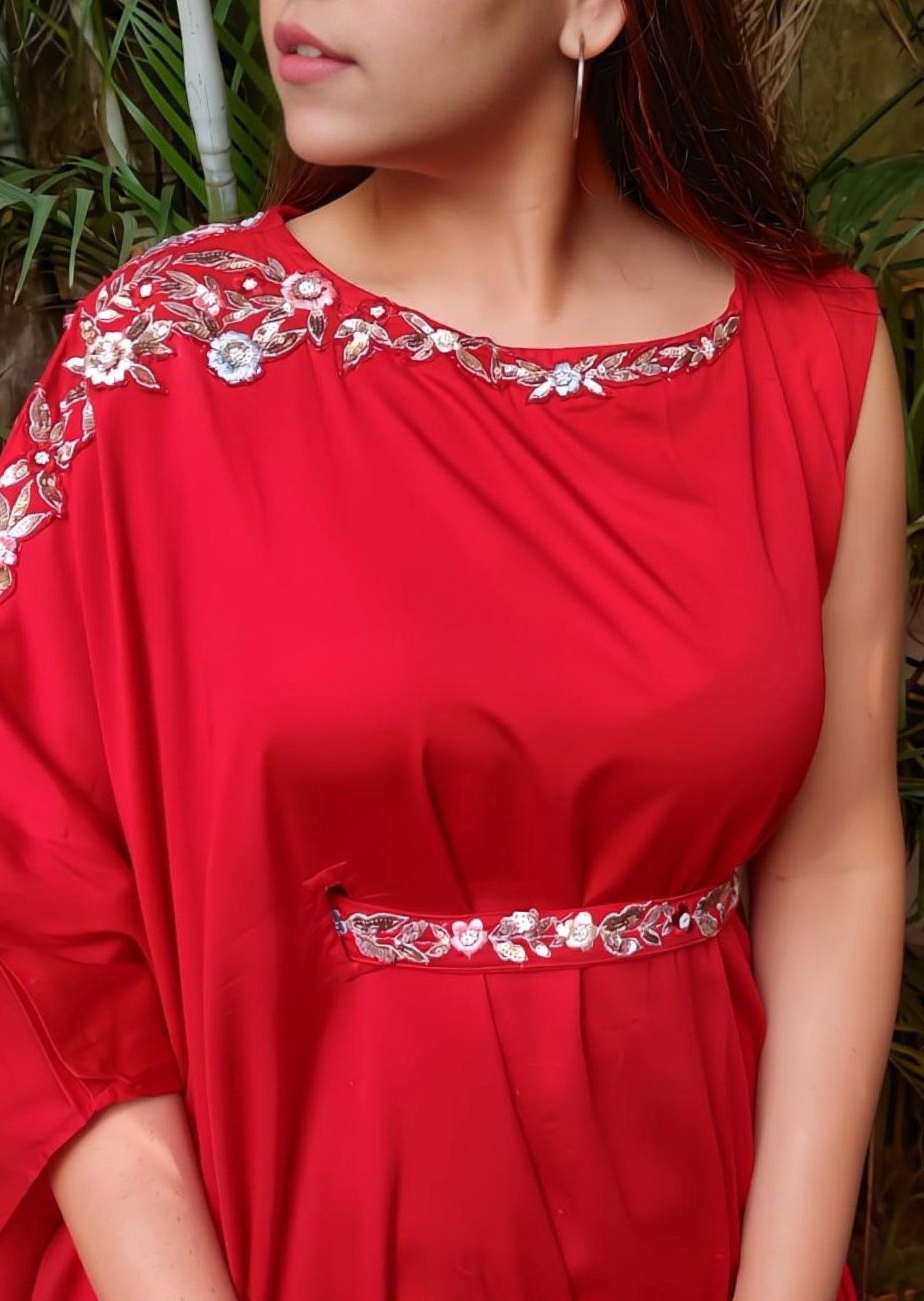 One-Shoulder Draped Gown with Embellished Waist and shoulder