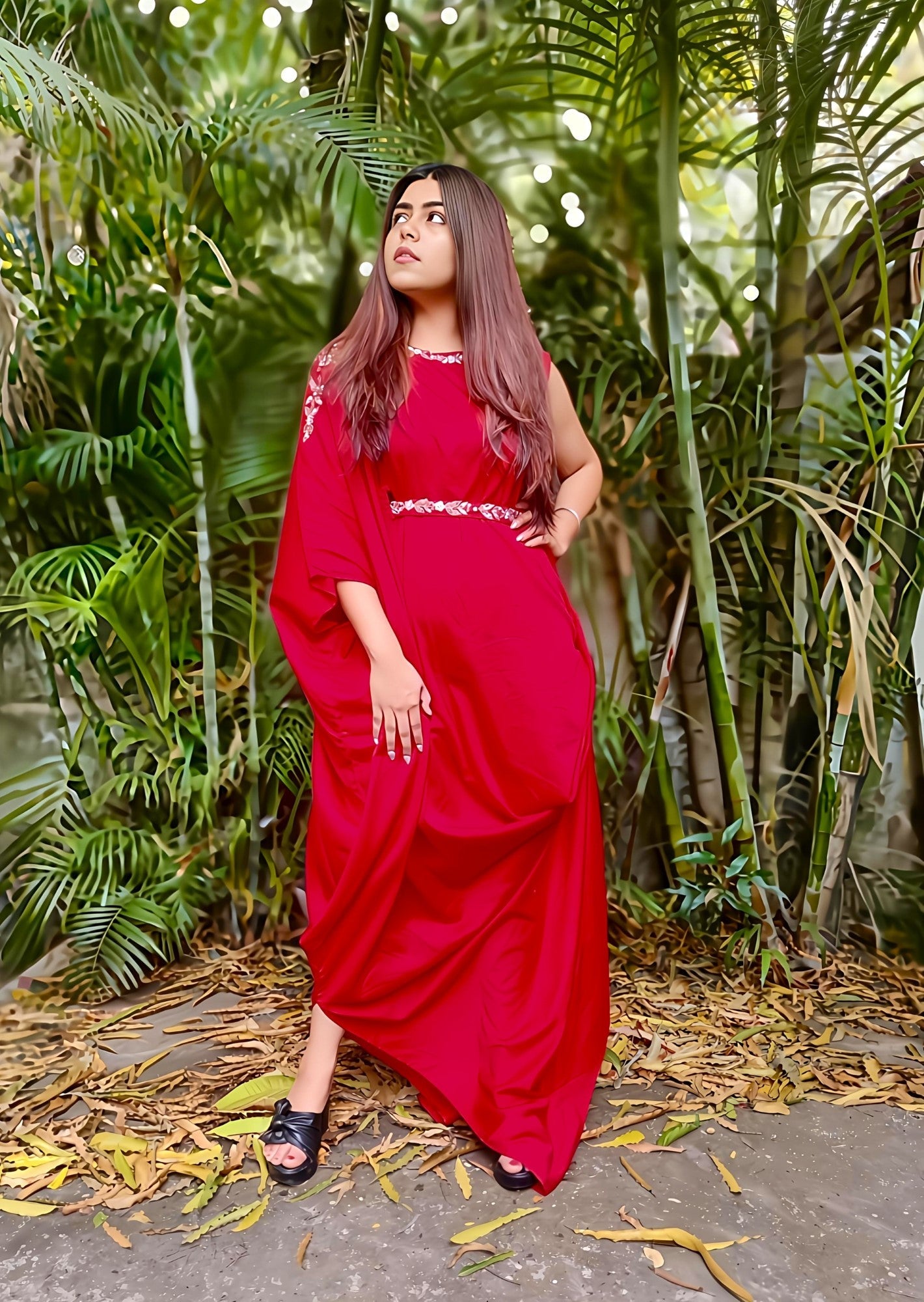 One-Shoulder Draped Gown with Embellished Waist and shoulder