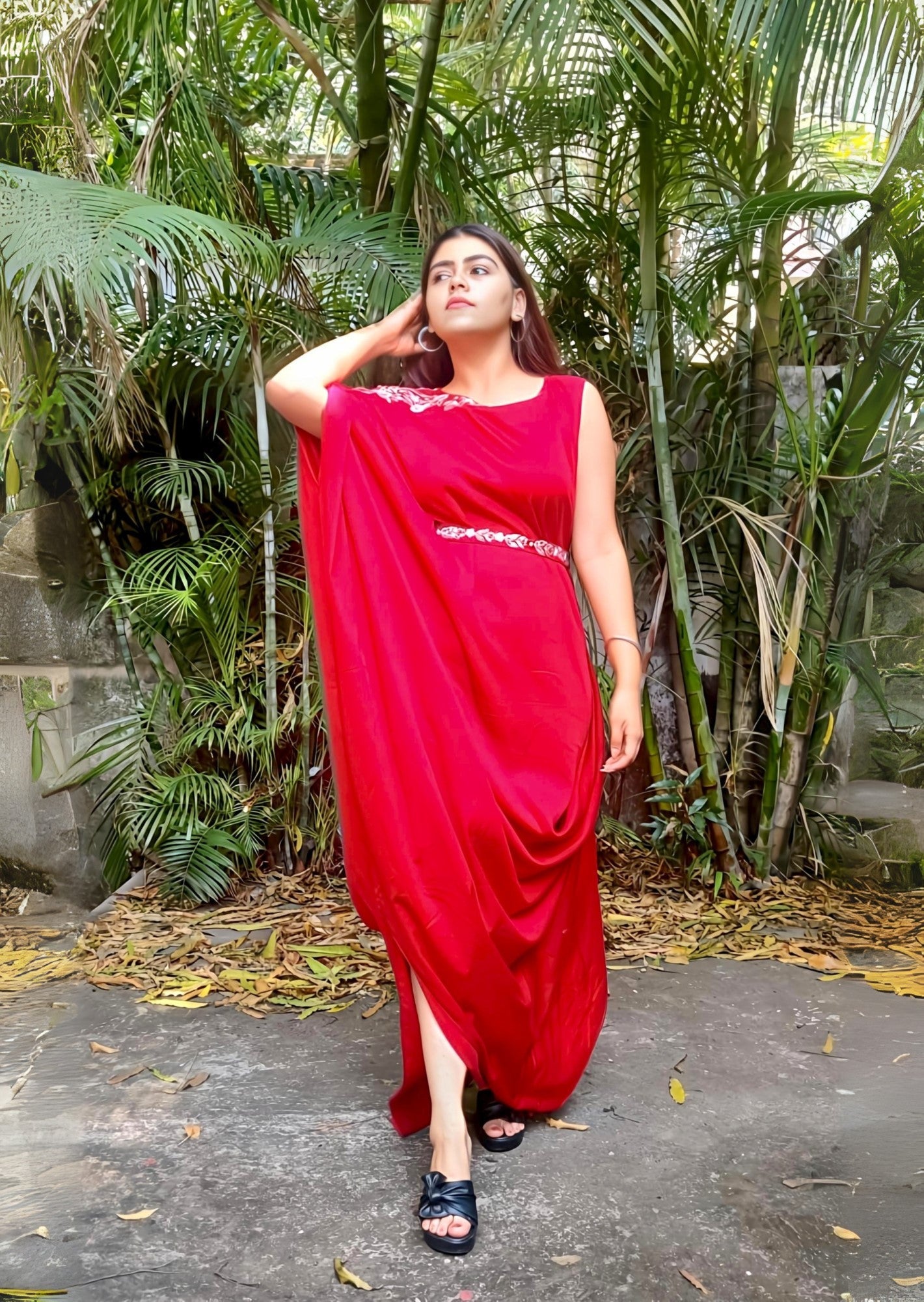 One-Shoulder Draped Gown with Embellished Waist and shoulder