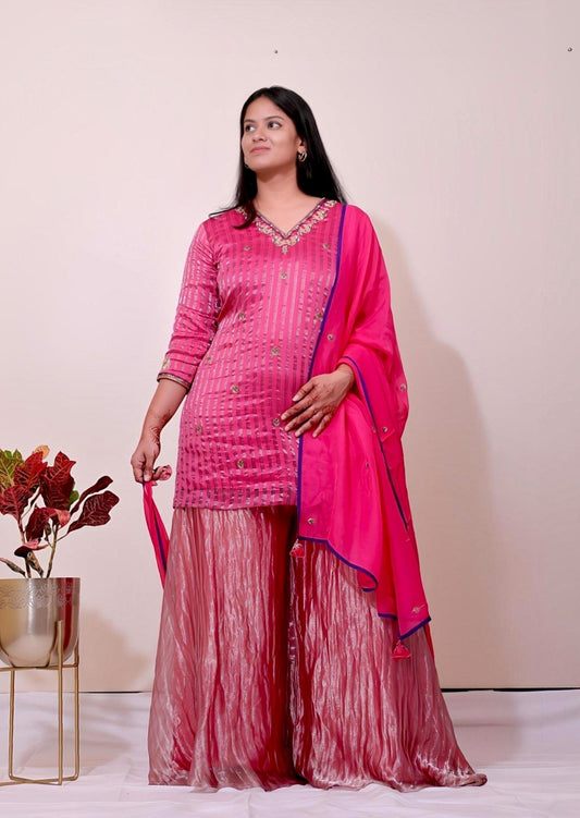 Zardozi Embroidered Chanderi Tissue Sharara Set with Organza Dupatta