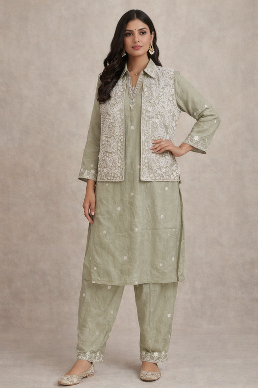 Sea Green Pathani Kurta Set with Embroidered Jacket
