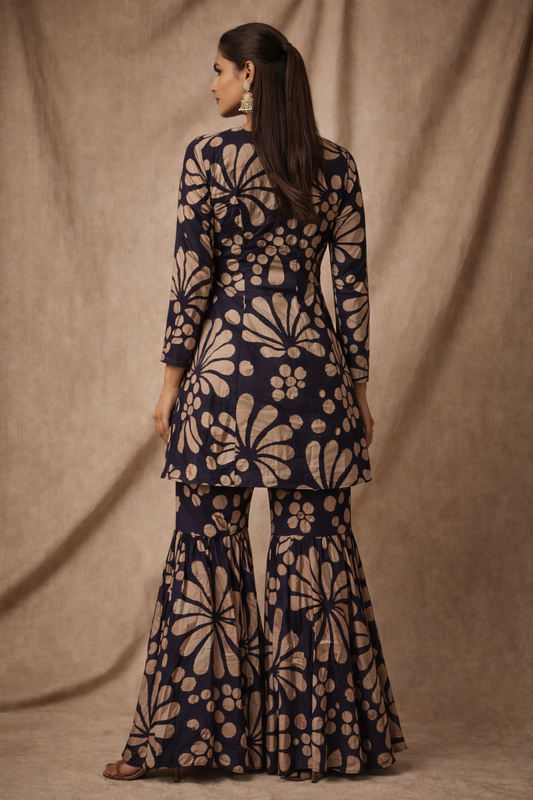 Dark Brown Floral Kurta Sharara Set With Zari Embroidery