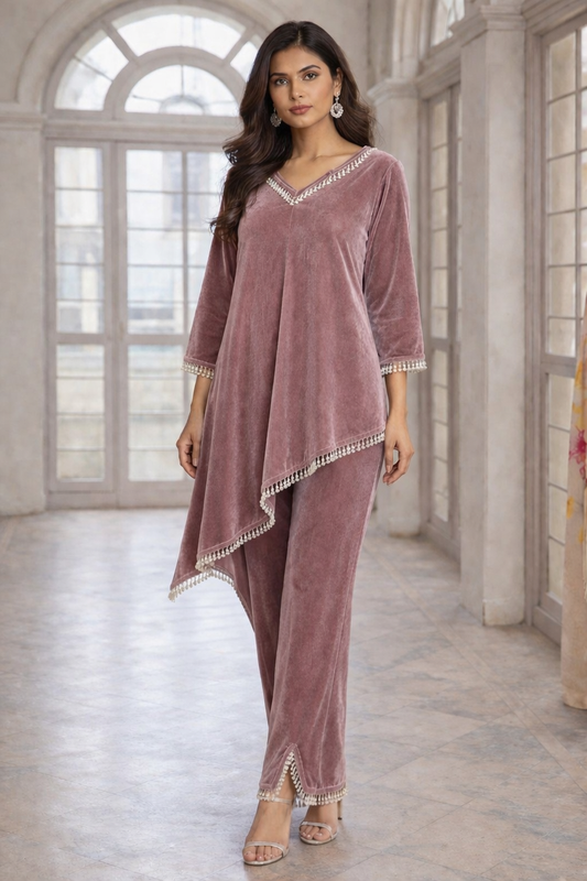 Dusty Rose Asymmetric Velvet Kurta Set