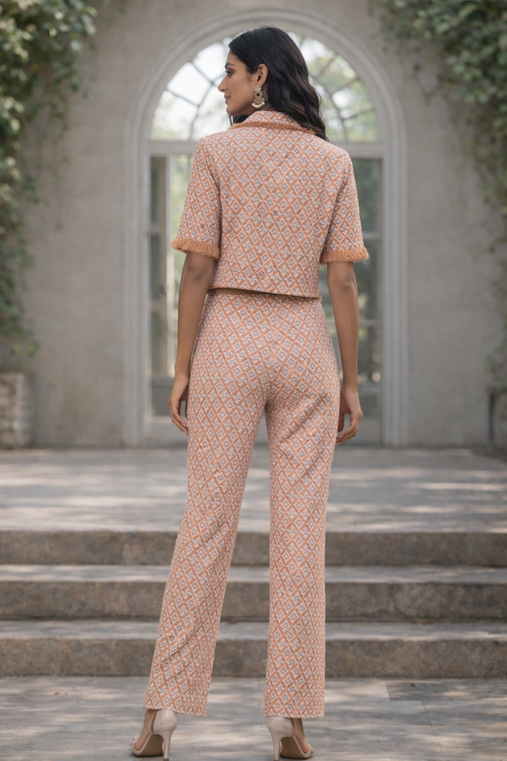 Peach Embroidered Cropped Jacket Co-ord Set