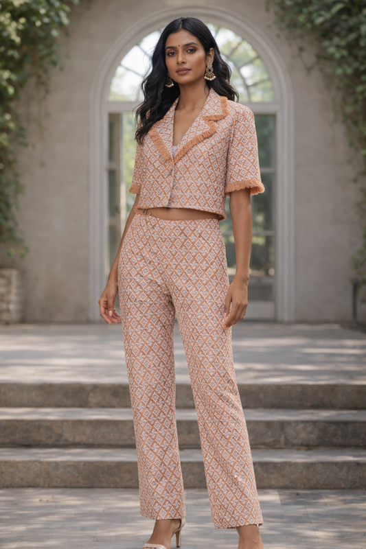 Peach Embroidered Cropped Jacket Co-ord Set