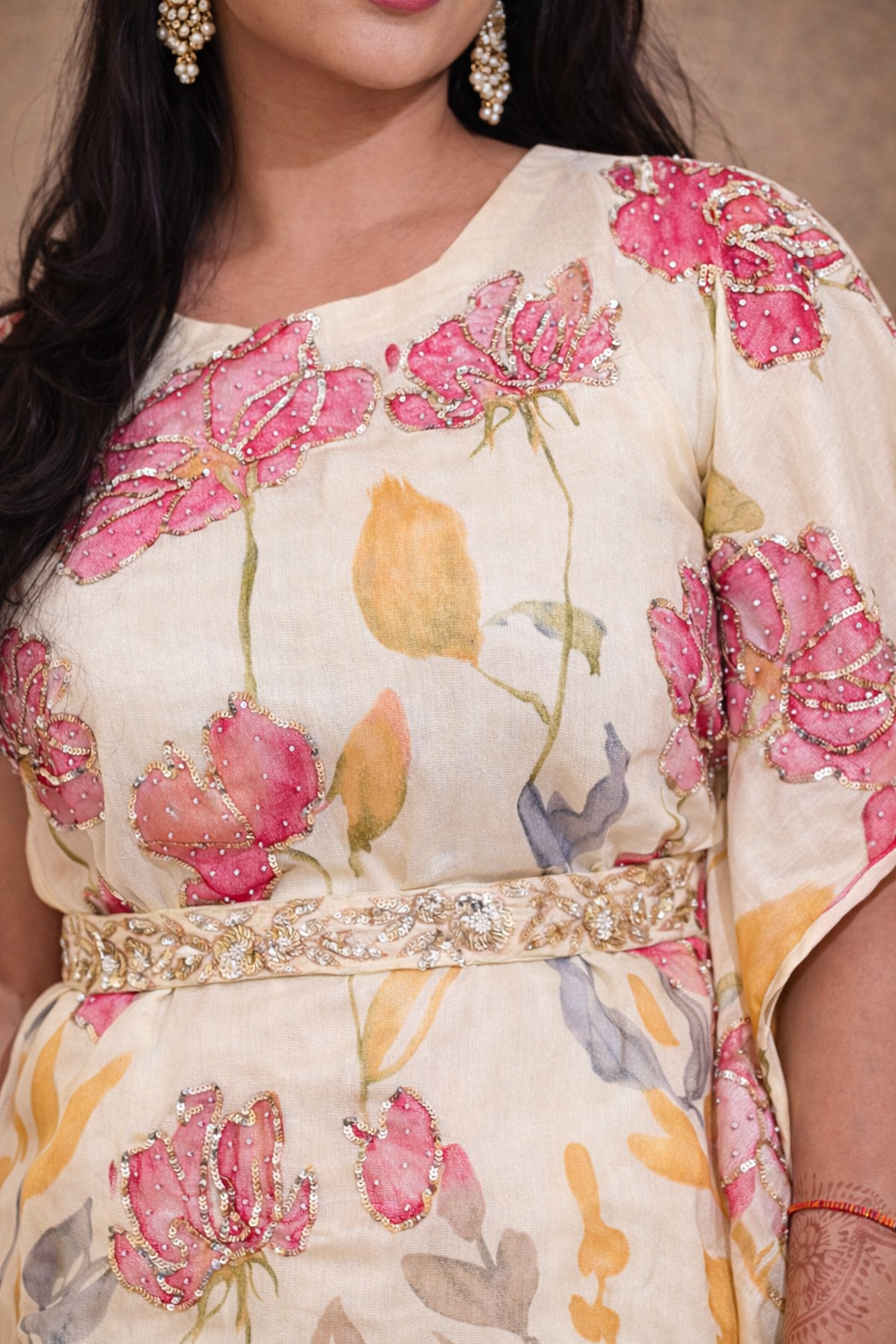 Blush Floral Half-Kaftan Tunic Set with Sequins Highlight