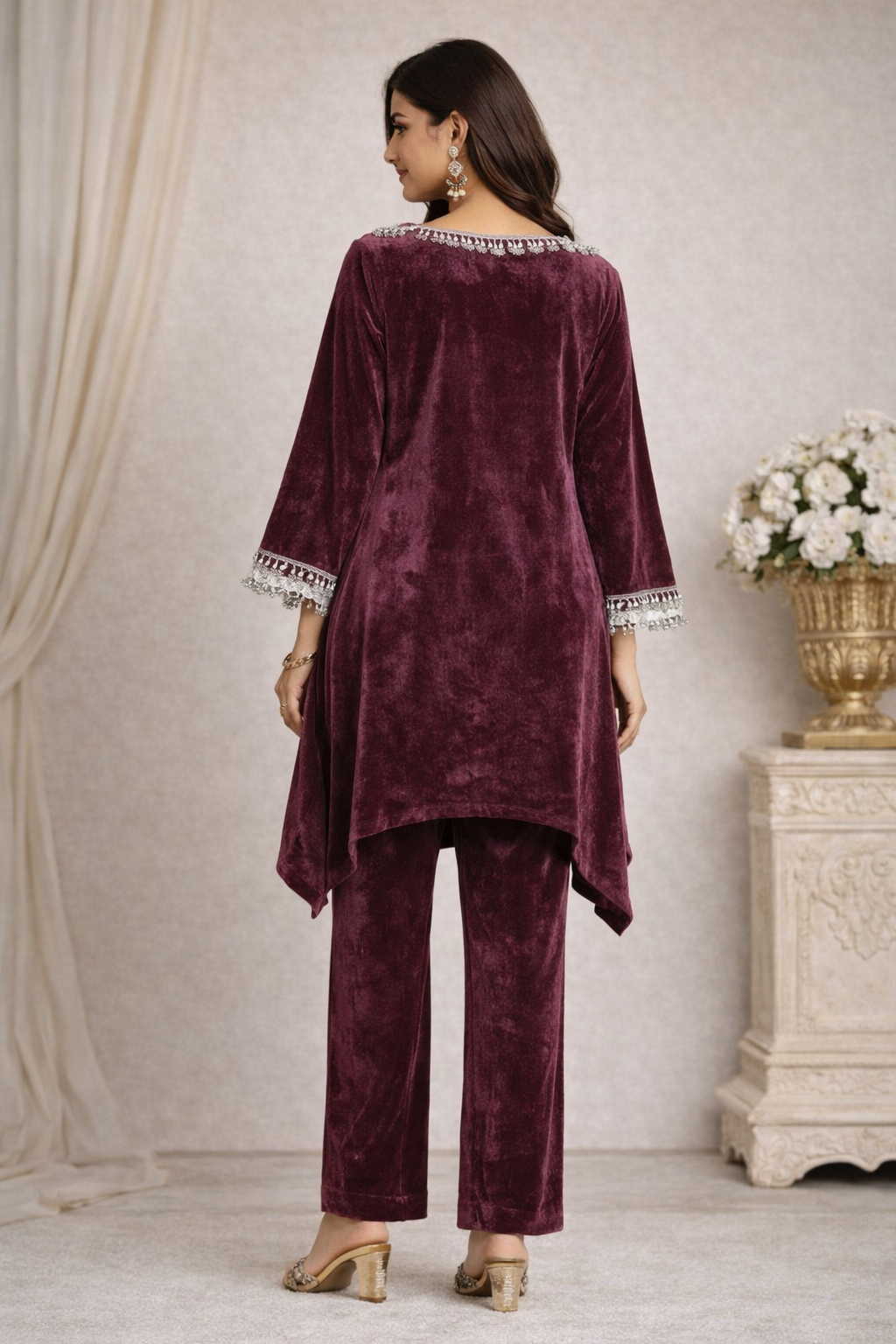 Burgundy Velvet Embellished Coord Set