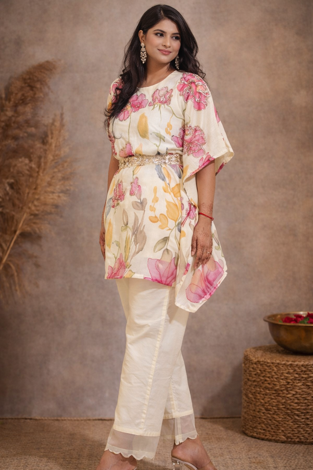 Blush Floral Half-Kaftan Tunic Set with Sequins Highlight