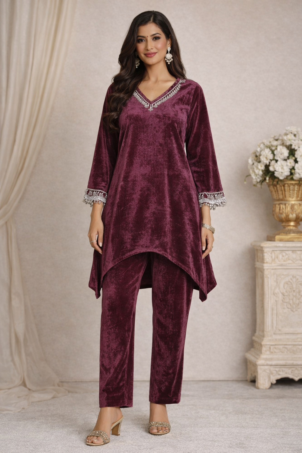 Burgundy Velvet Embellished Coord Set