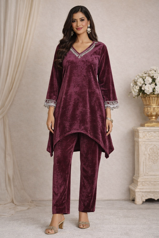 Burgundy Velvet Embellished Coord Set