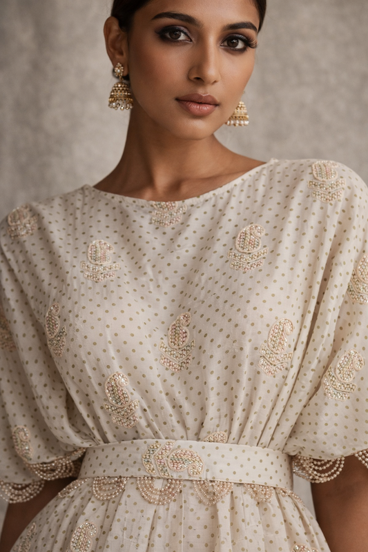Ivory Polka Multi-Gold Peplum Kaftan Co-ord Set