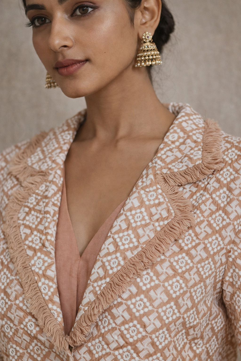 Peach Embroidered Cropped Jacket Co-ord Set